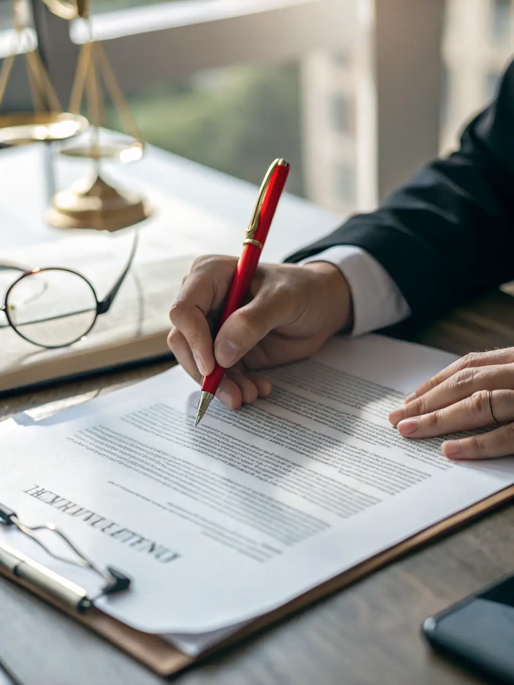 A professional photo of a lawyer reviewing legal documents related to real estate, symbolizing the legal expertise involved in debt relief property purchases.