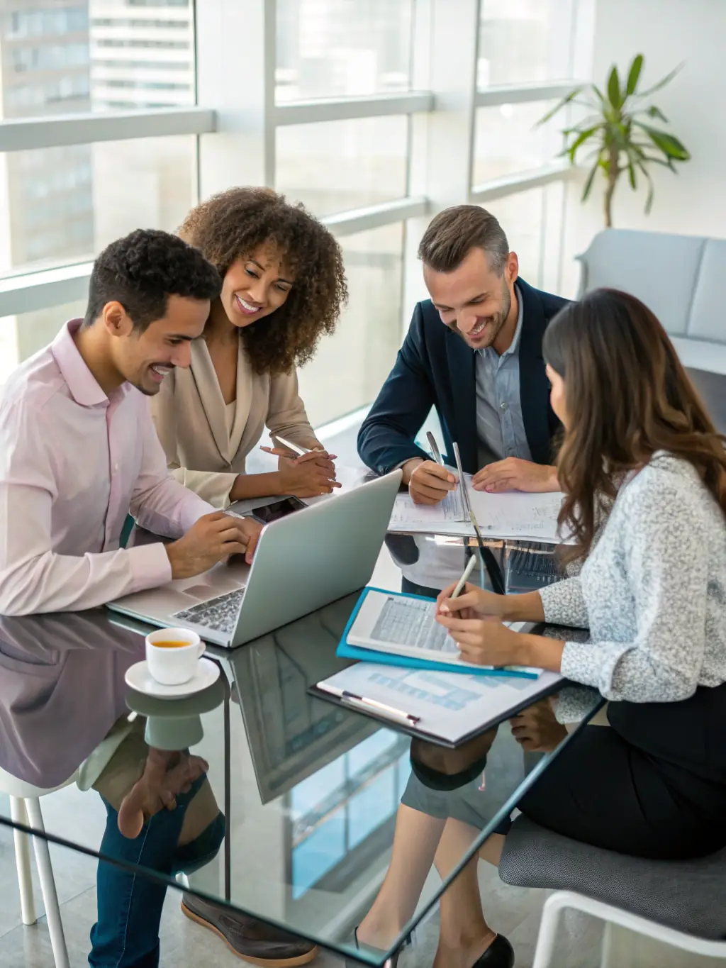 A diverse team of professionals (lawyers, financial advisors, real estate agents) collaborating in a modern office setting, showcasing the company's comprehensive expertise.