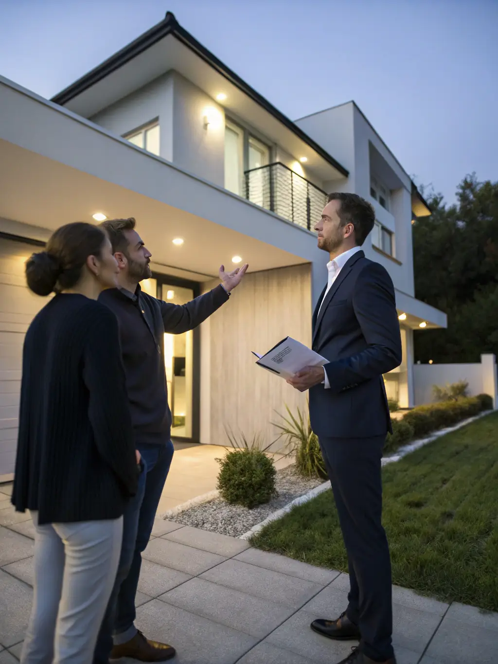 A real estate agent inspecting a property with a concerned homeowner looking on, representing the initial assessment stage.