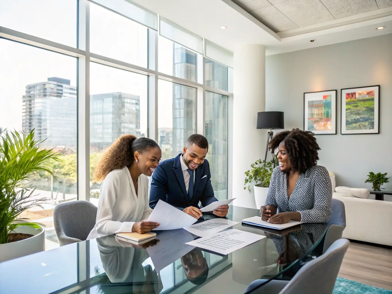 A team of financial advisors is collaborating on a debt resolution strategy in a bright, modern office, representing expert financial solutions.