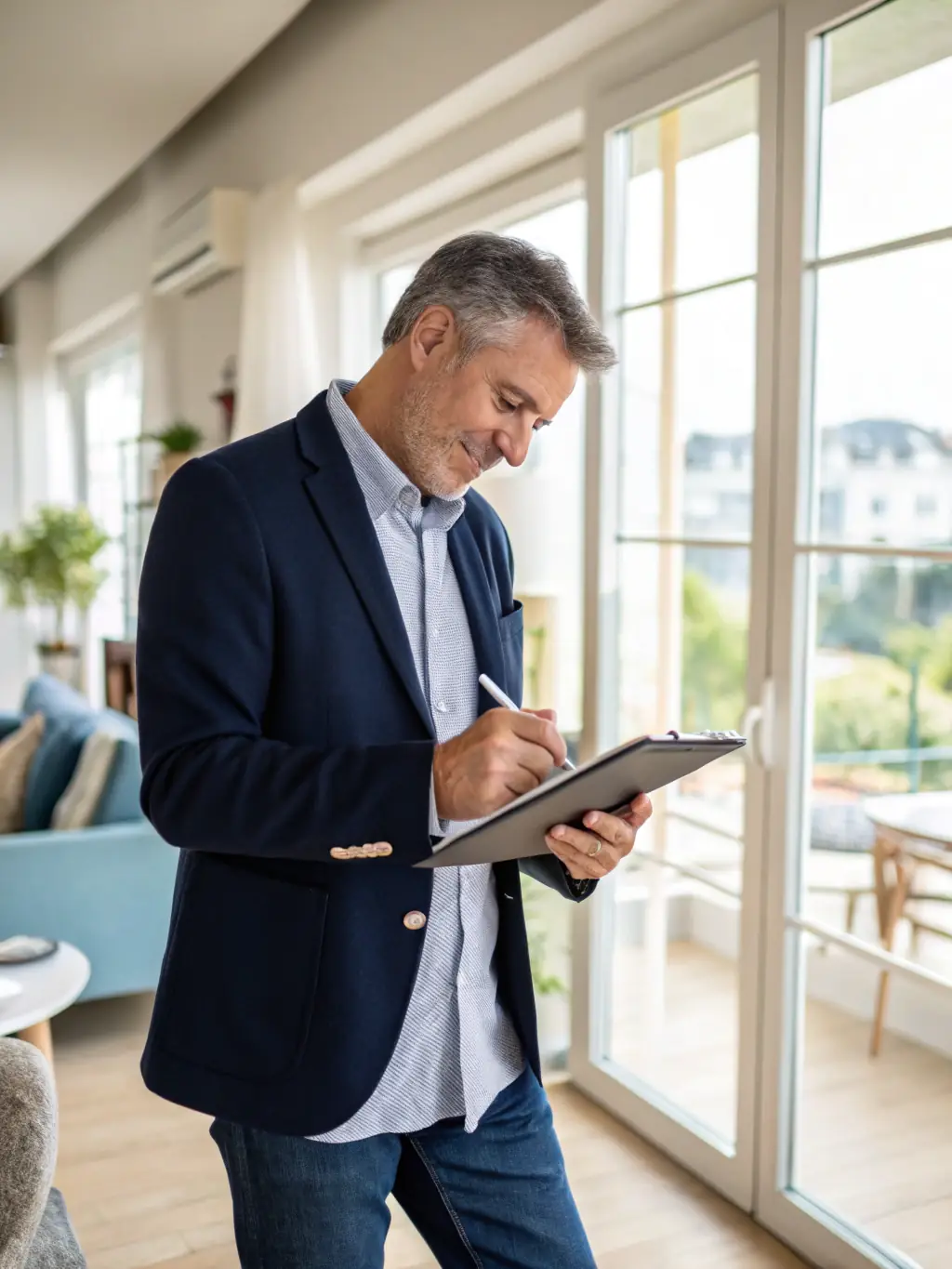 A real estate appraiser inspecting a property's interior, focusing on assessing its value and condition for a fair offer.