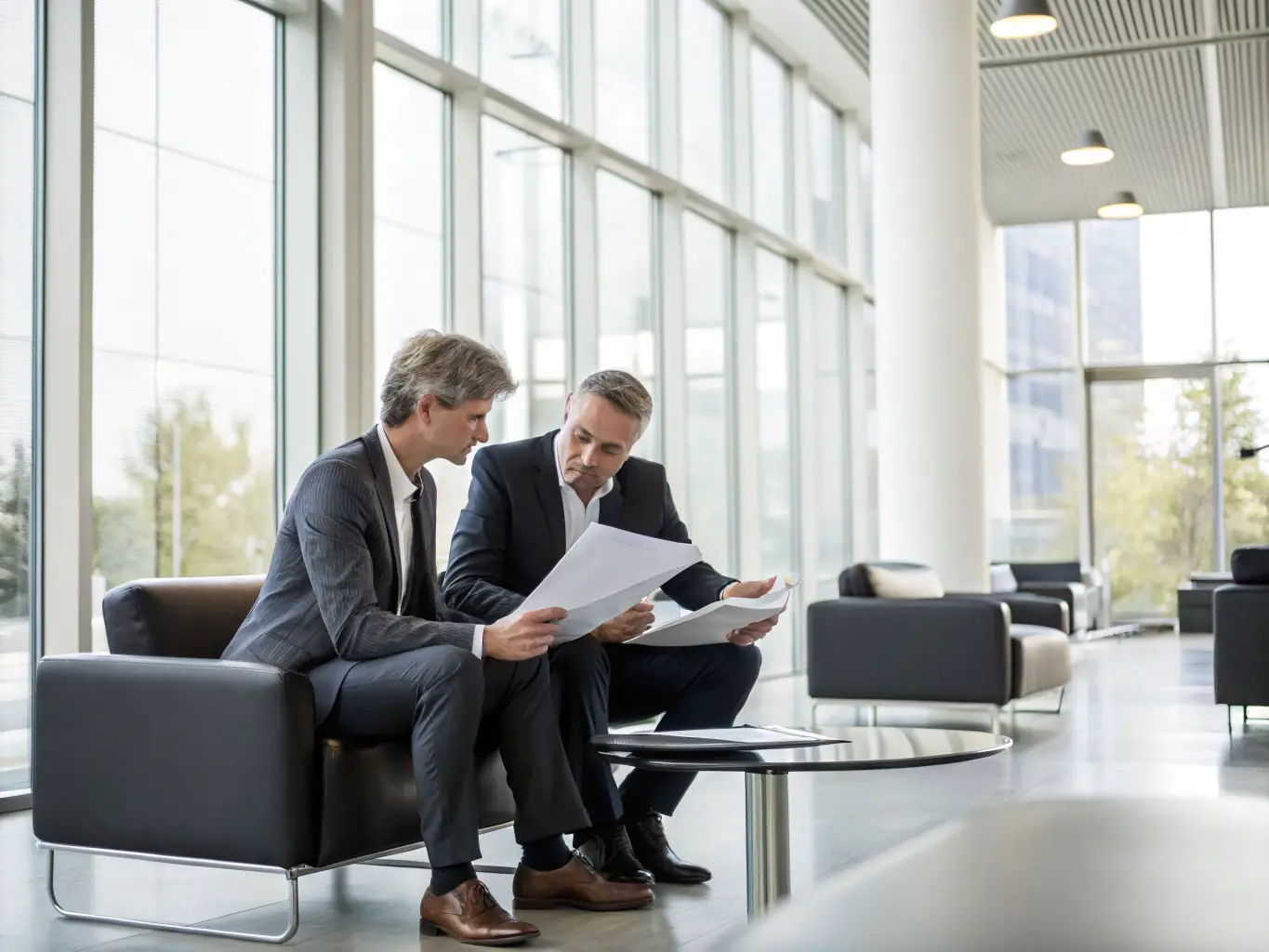 A professional real estate agent is efficiently managing paperwork and communicating with a client in a modern office setting, symbolizing streamlined processes.