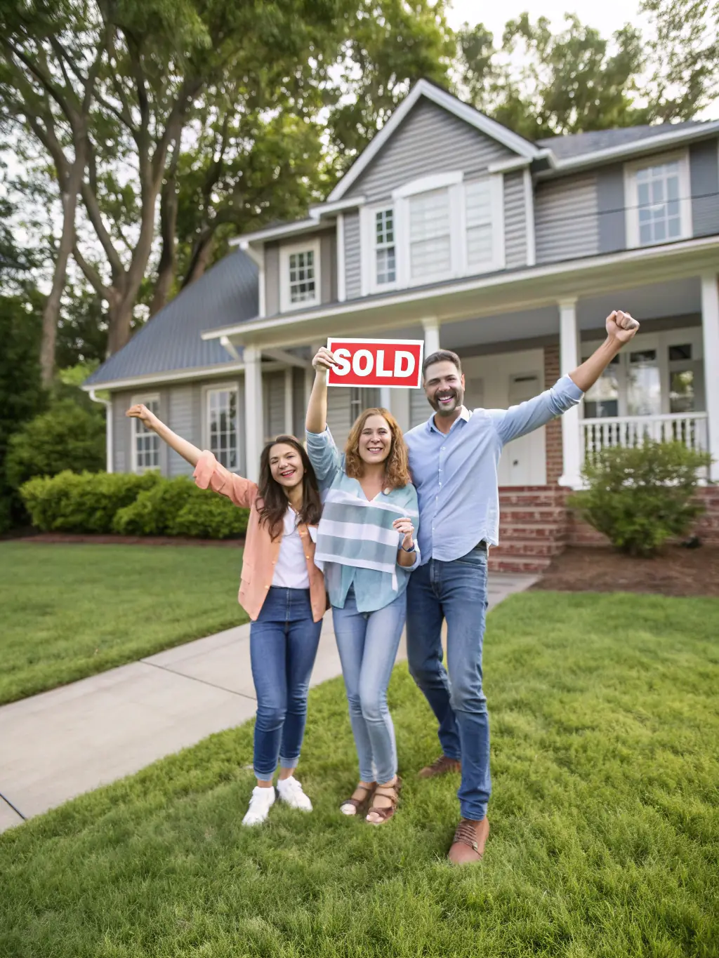 A house with a 'Sold' sign in front, with the new owners receiving keys, symbolizing the final property purchase.