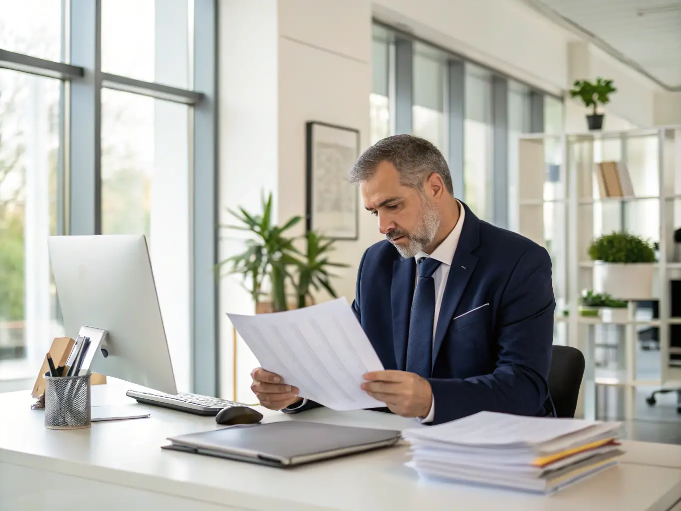 A lawyer is reviewing legal documents related to property transactions in a well-lit office, emphasizing the legal expertise involved in the process.